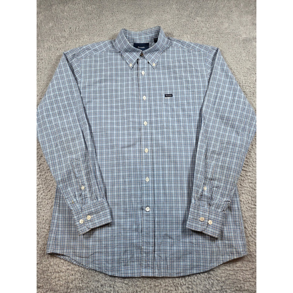 Faconnable Club Shirt L Blue Plaid Mens Long Sleeve Button Down Cotton